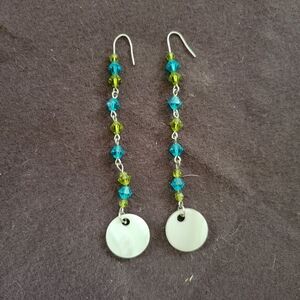 Mixed Green 4" Faceted Crystal and Faux Shell Earrings